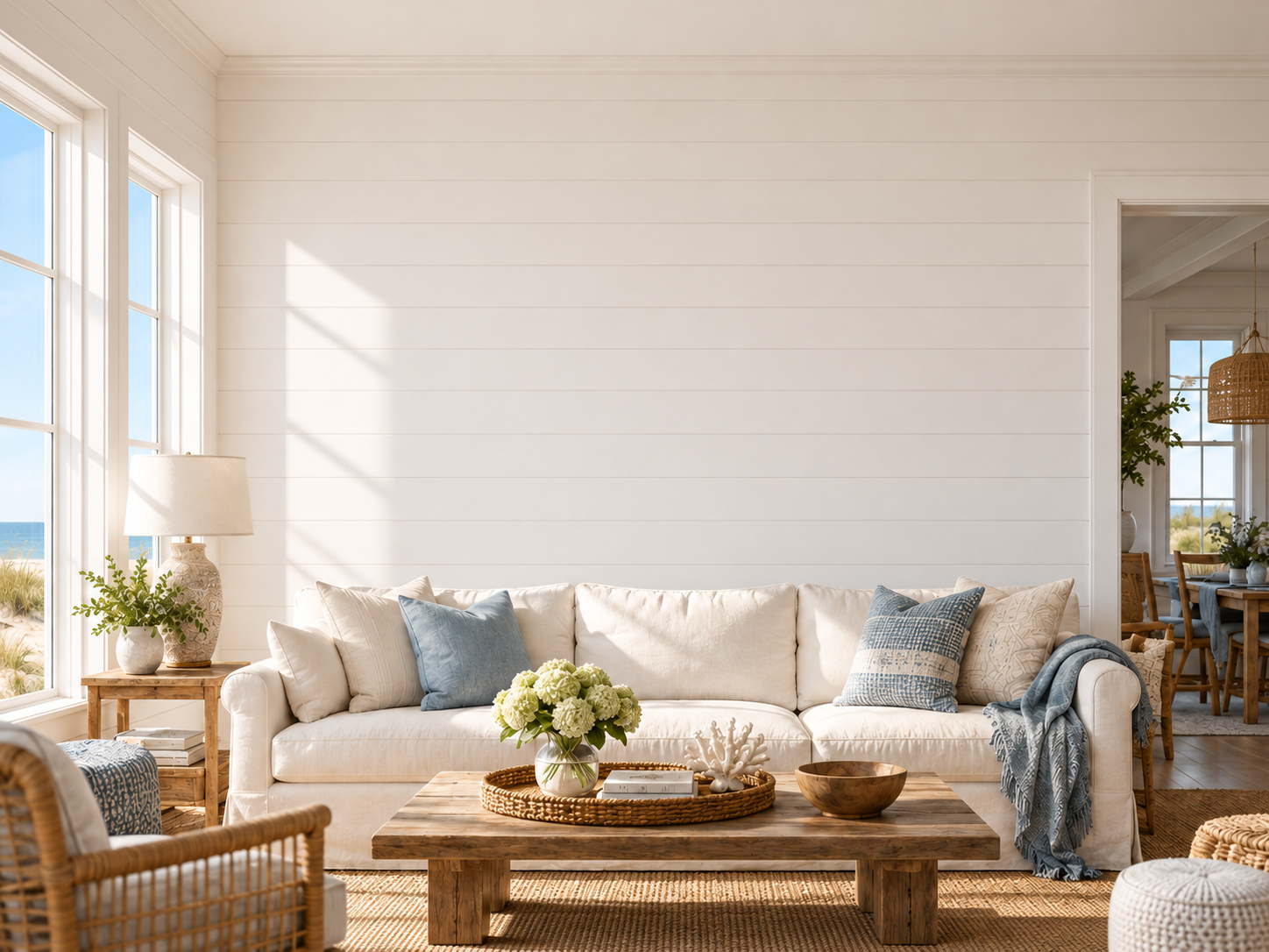 Bright coastal living room with an ivory linen sofa, a blank white shiplap wall, and natural light
