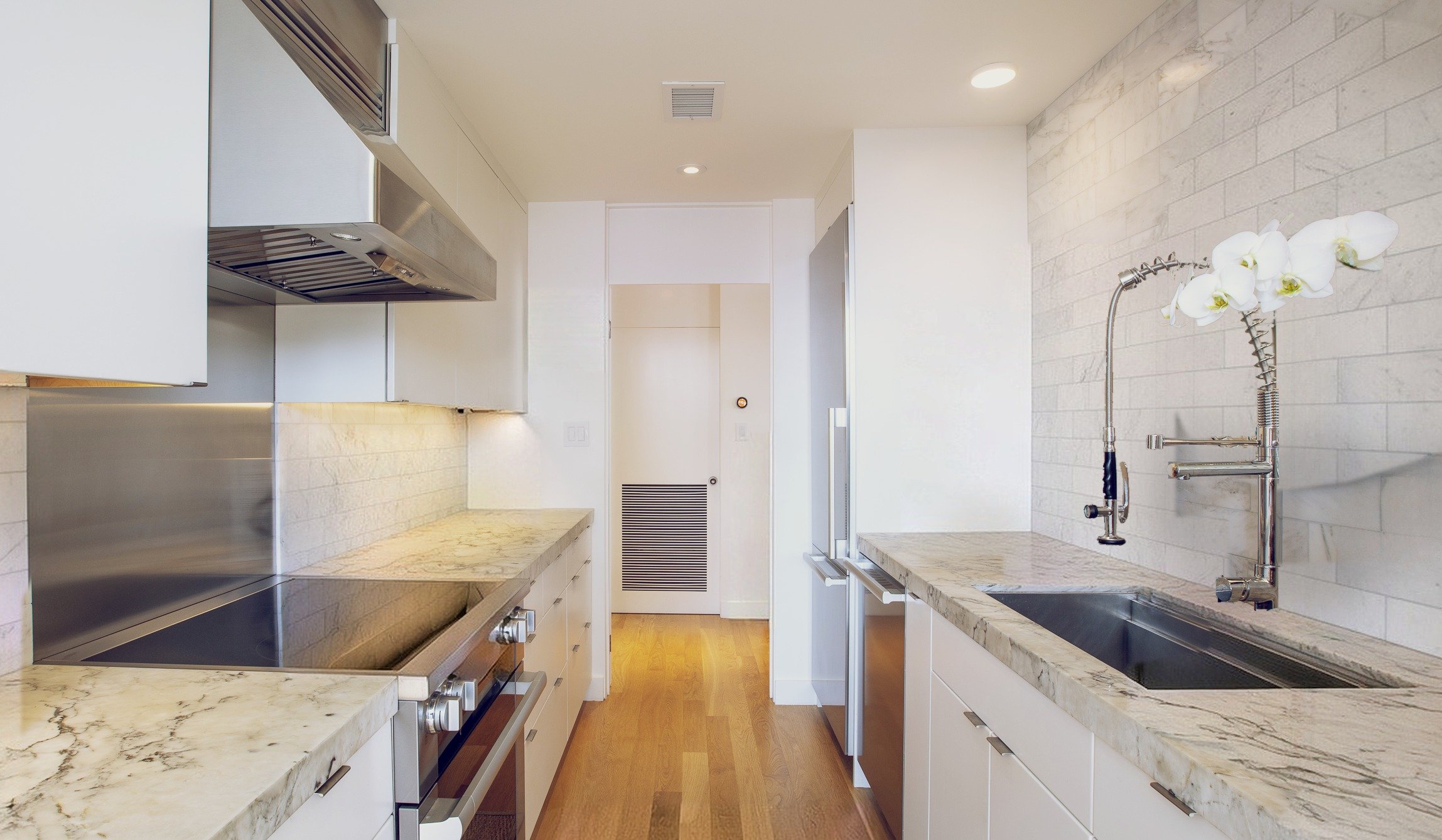 White marble galley kitchen, San Francisco