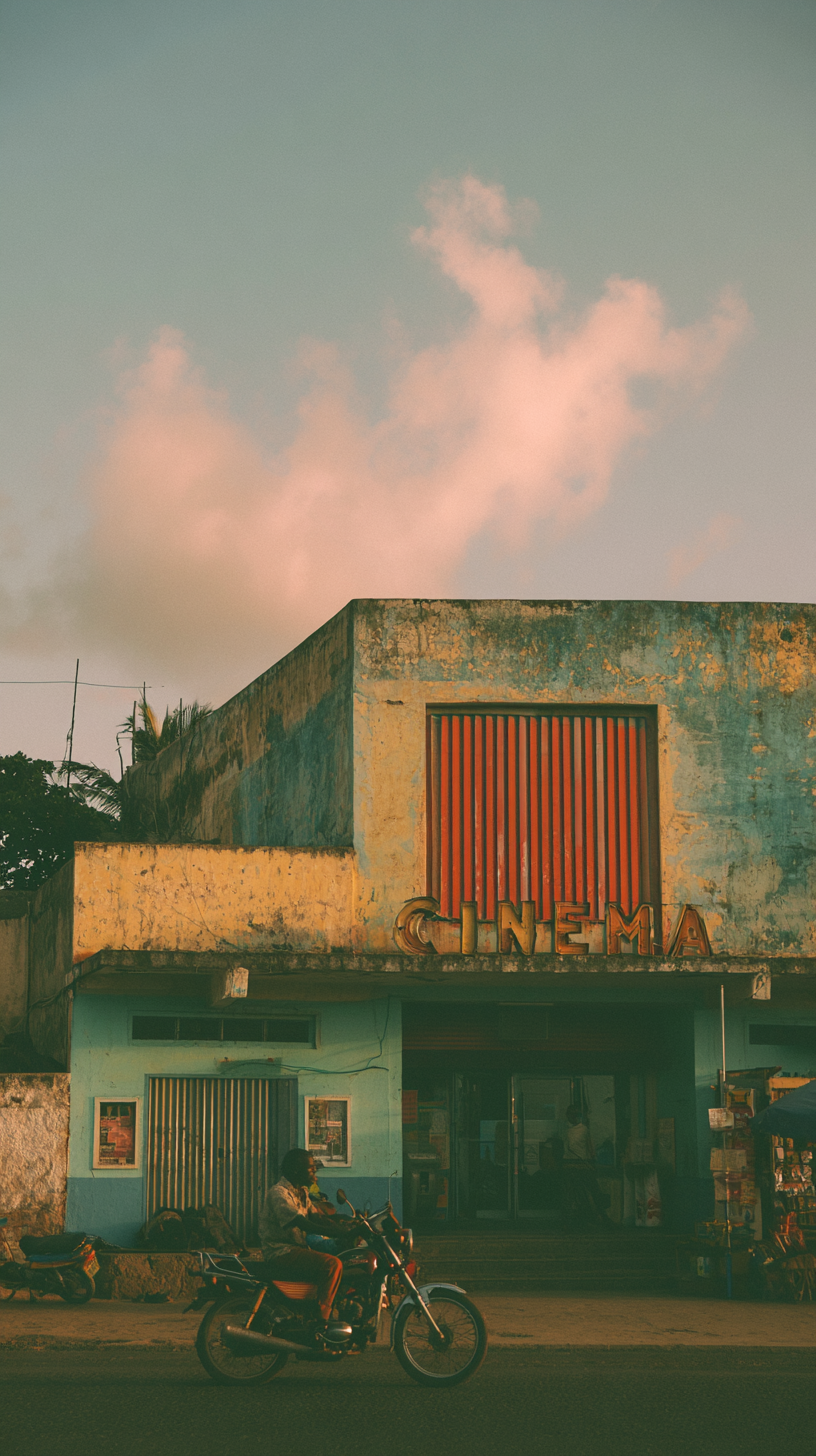 A cyclist passing a cinema in Malindi, Kenya