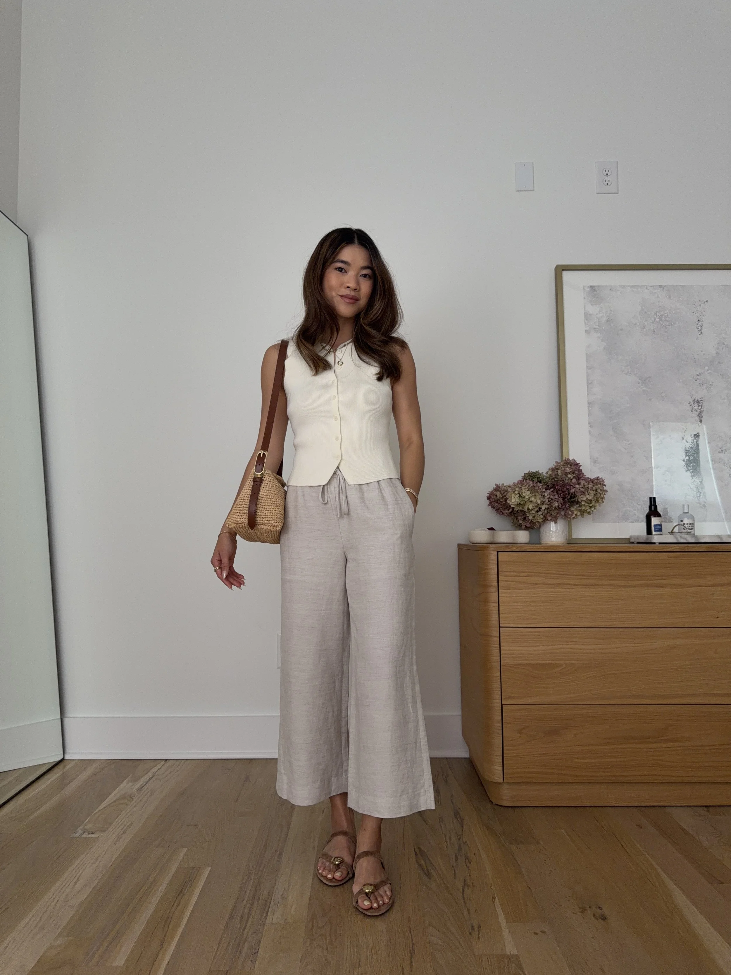 Chloe Wen wearing Aritzia Lodge Pants in Cropped Length 23-inch inseam — petite style at 5ft 2
