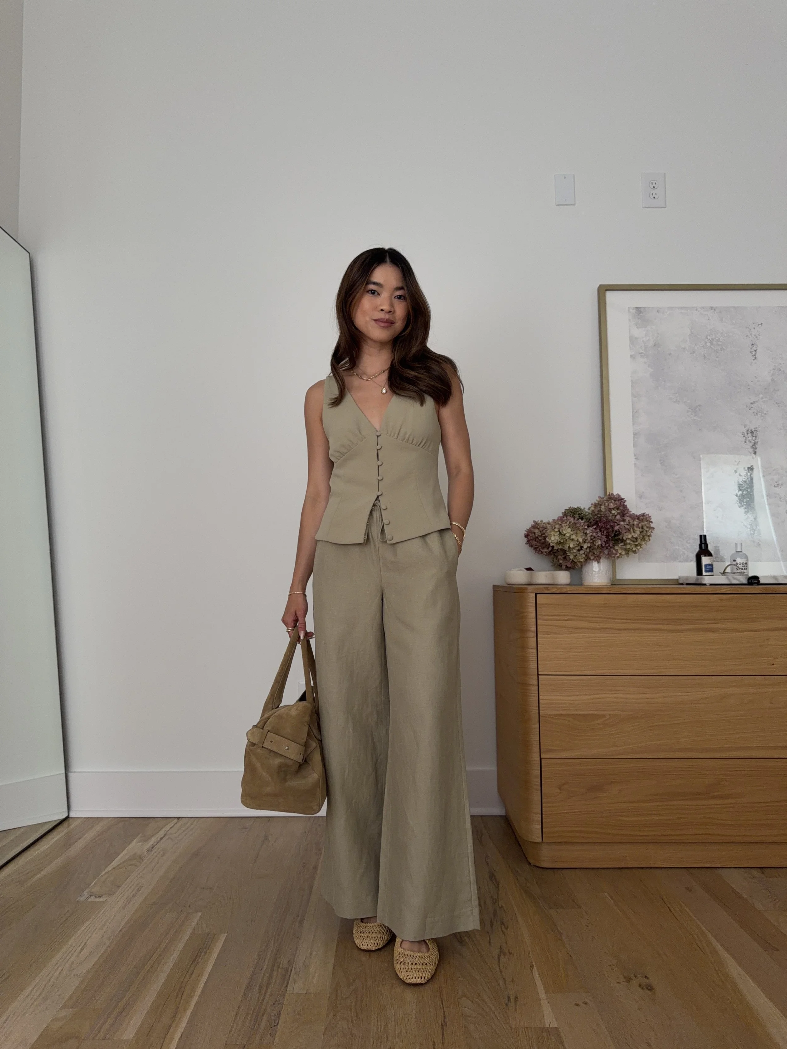 Chloe Wen wearing Aritzia Lodge Pants in Short Length 28-inch inseam in martini olive — petite style at 5ft 2
