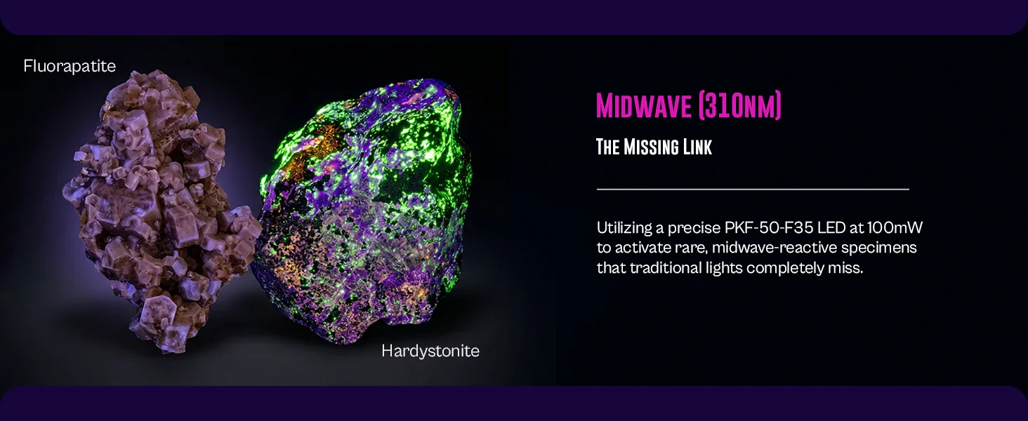 Fullwave UV Light midwave 310 nm channel — fluorapatite and hardystonite under midwave UV, PKF-50-F35 LED at 100 mW