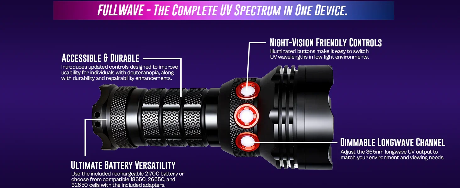 Fullwave — the complete UV spectrum in one device: accessible and durable controls for deuteranopia, night-vision friendly illuminated buttons, dimmable 365 nm longwave channel, battery versatility with 21700, 18650, 26650 and 32650 cells