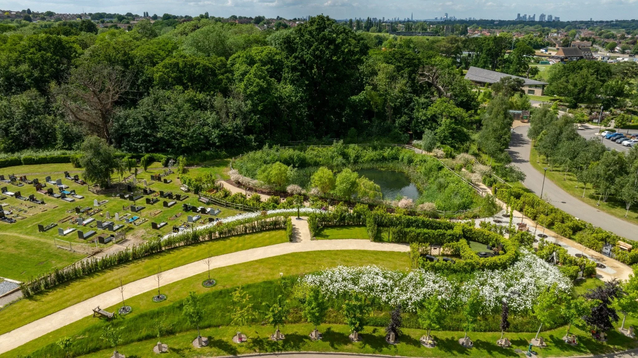 Aerial photograph showing GreenAcres Kemnal Park's extensive grounds, pathways and planted areas