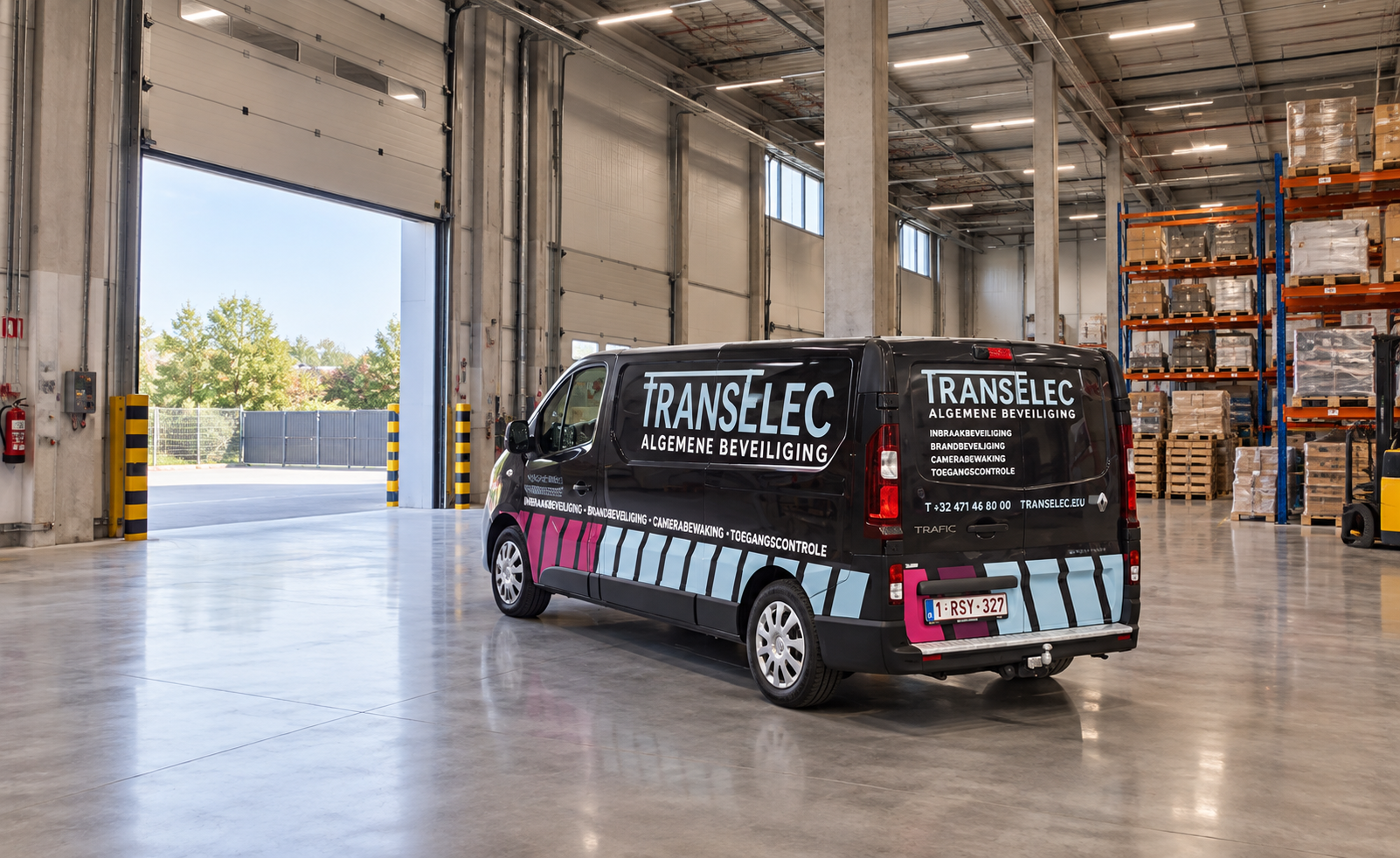 Bestelwagen van Transelec in een magazijn