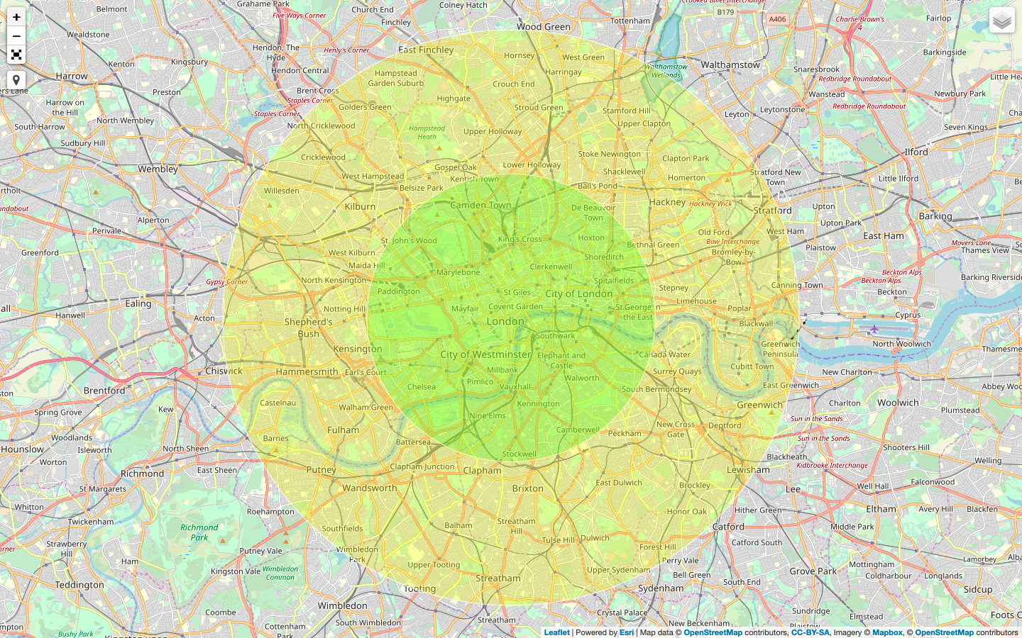 Map of London Black Cab filming radius covering Central and Greater London zones