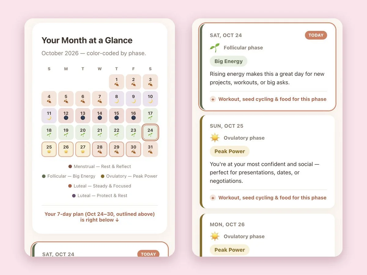 Cycle-Synced Weekly Planner showing the month at a glance and the first days of a 7-day plan