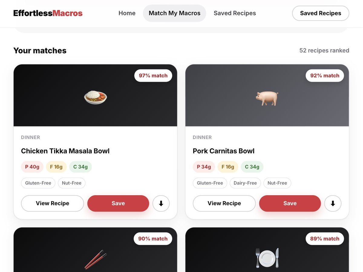 Effortless Macros ranked recipe matches for a 40g protein, 15g fat, 35g carb dinner