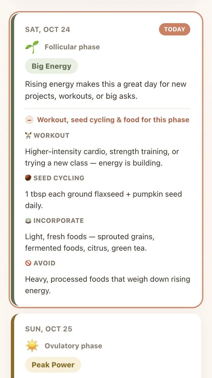 One day of the plan with workout, seed cycling, foods to include and avoid