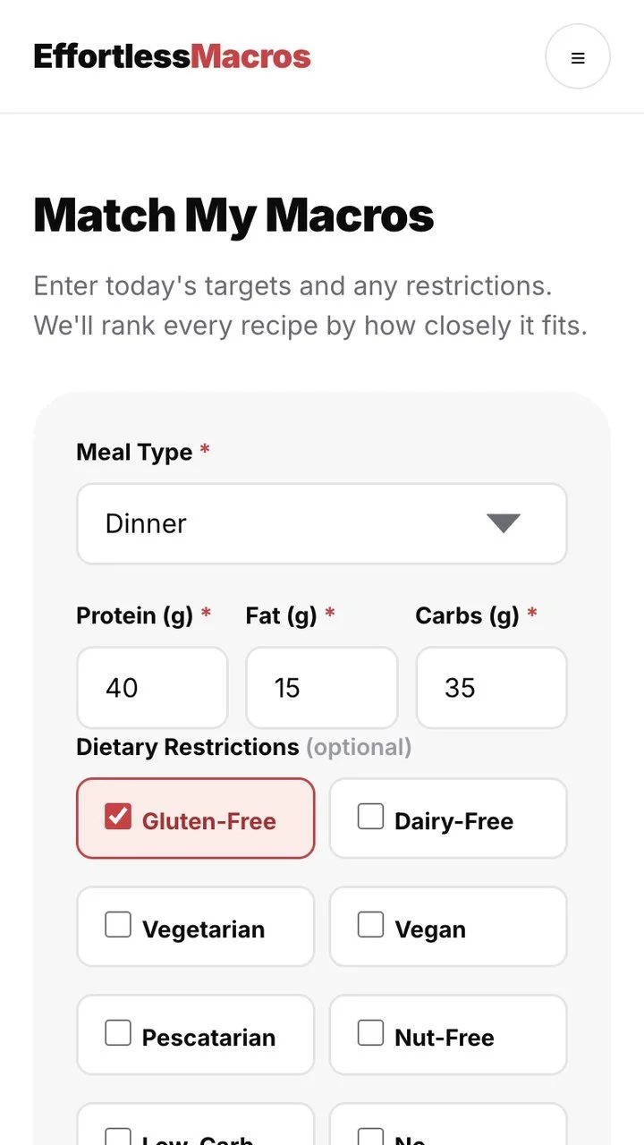 Effortless Macros form with macro targets and a gluten-free restriction entered