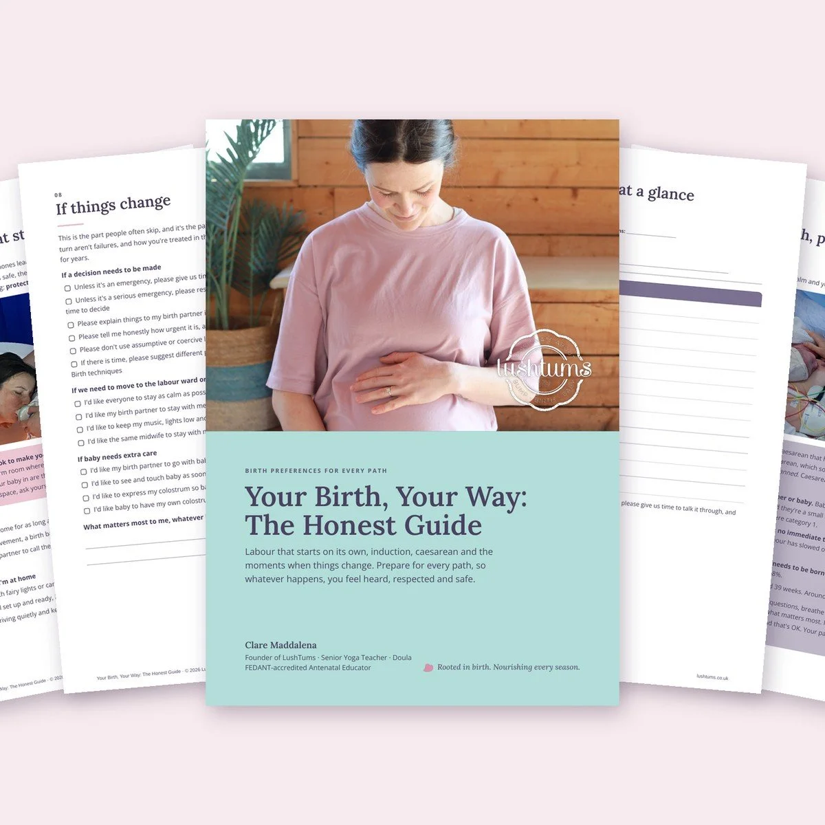 Pages from Your Birth, Your Way, showing the cover, Path 1, the caesarean section and the one-page summary