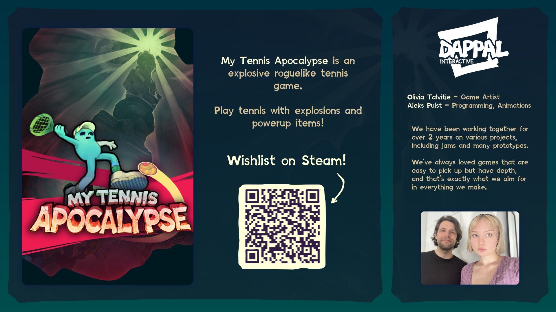 An infographic of the game My Tennis Apocalypse, its dev team, and a link to the game on Steam