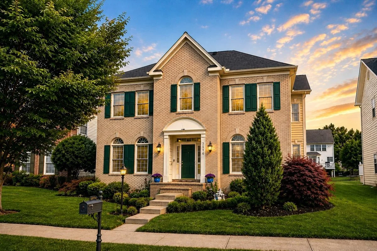 Brick colonial front at dusk