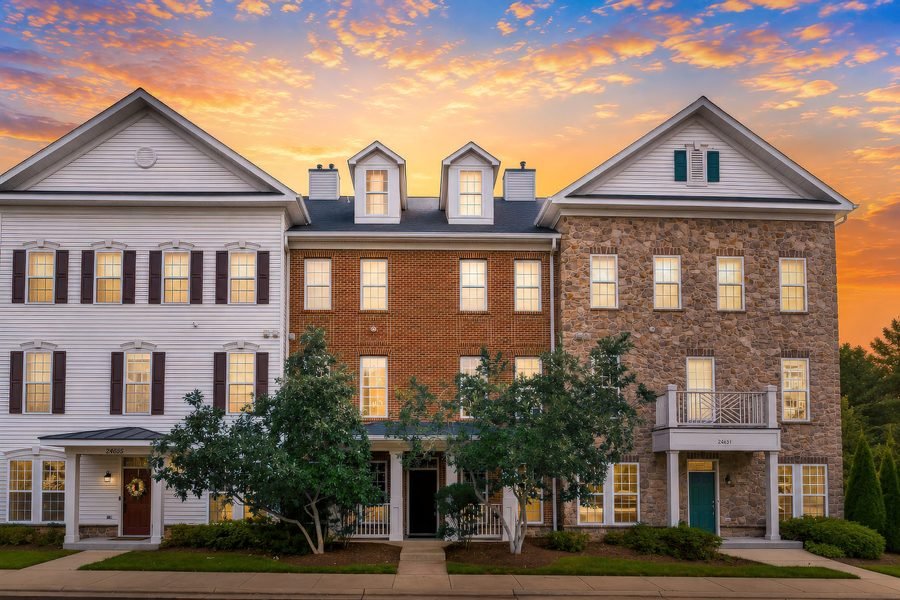 Brick townhomes at twilight