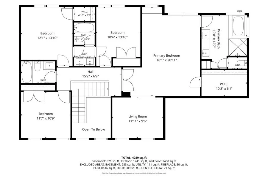 2D floor plan of an upper level with room dimensions