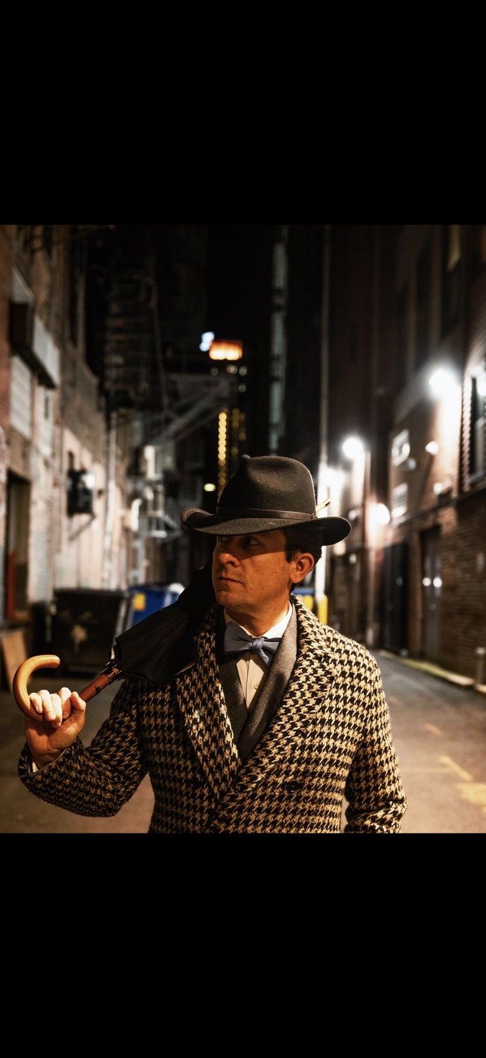 Lee Terbosic as Harry Houdini in a hat and houndstooth coat outside Liberty Magic