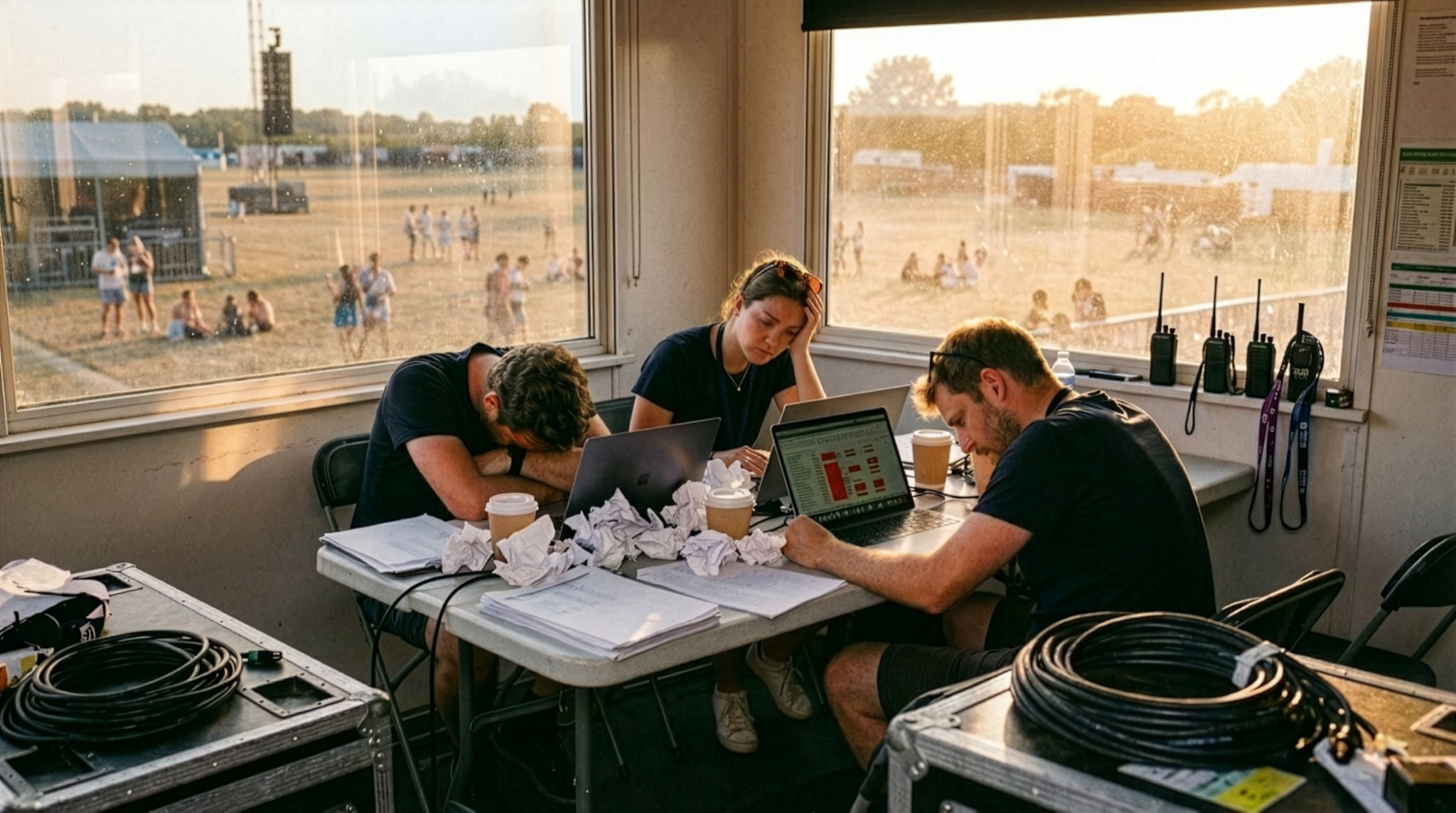 Stressed festival team dealing with data chaos