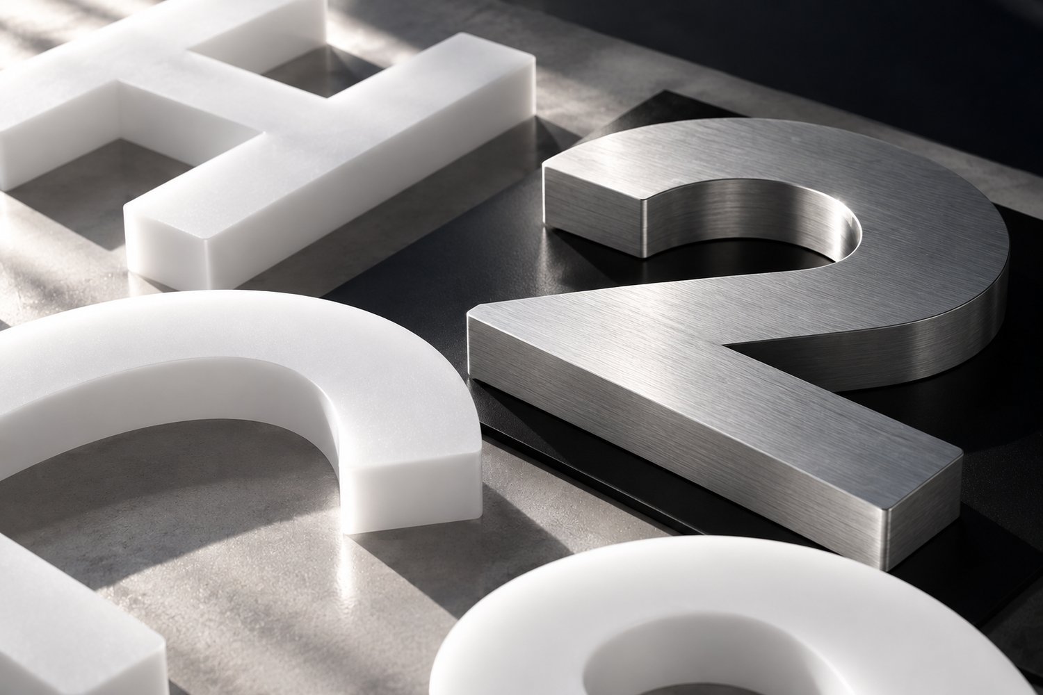 Sculptural white dimensional lettering and brushed metal numeral on a production surface
