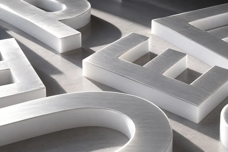 Sculptural acrylic dimensional letterforms with satin metal faces