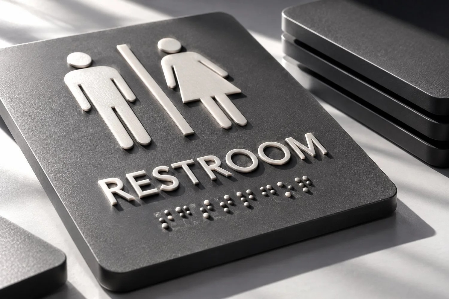 Close-up of a charcoal tactile restroom plaque with raised symbols, lettering, and braille dots