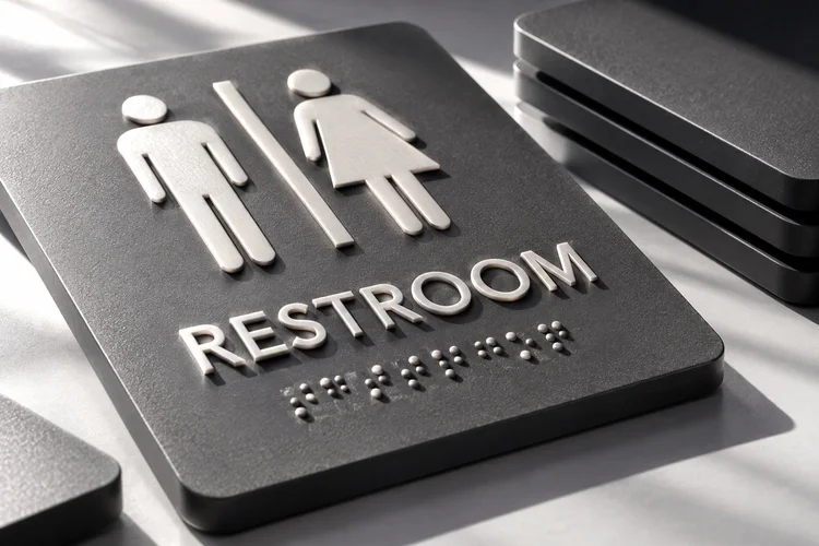 Close-up of a charcoal tactile restroom plaque with raised symbols, lettering, and braille dots