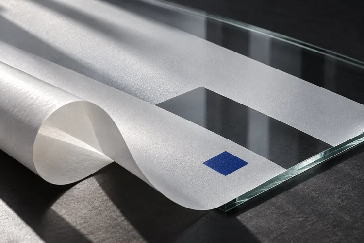 Precision-cut translucent window film on a glass sample with a cobalt graphic detail