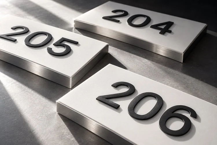 Coordinated raised room-number plaques in warm white and charcoal