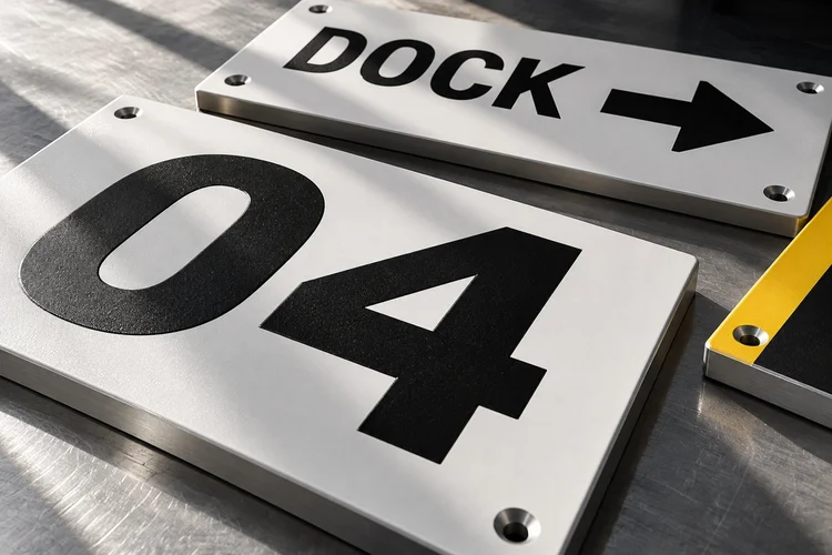 Finished dock identification and directional sign panels with restrained safety-yellow detail