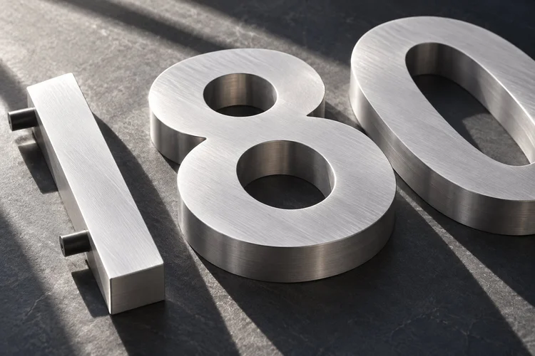 Substantial brushed aluminum building numerals with deep fabricated returns
