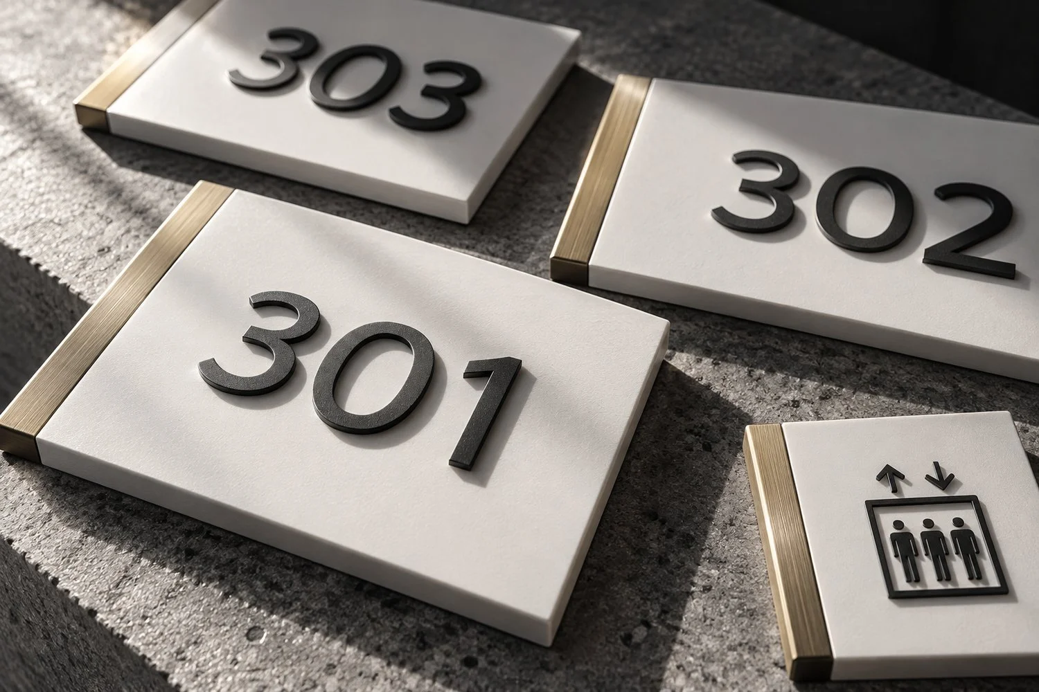 Coordinated hotel room plaques and elevator identification in warm white and brushed metal