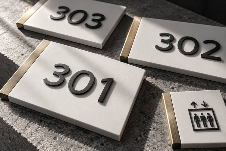 Coordinated hotel room plaques and elevator identification in warm white and brushed metal