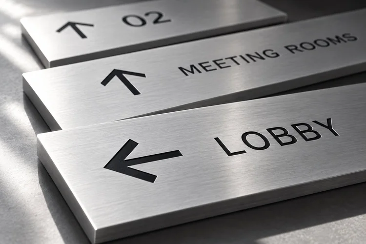 Brushed aluminum directional panels with arrows and destination lettering