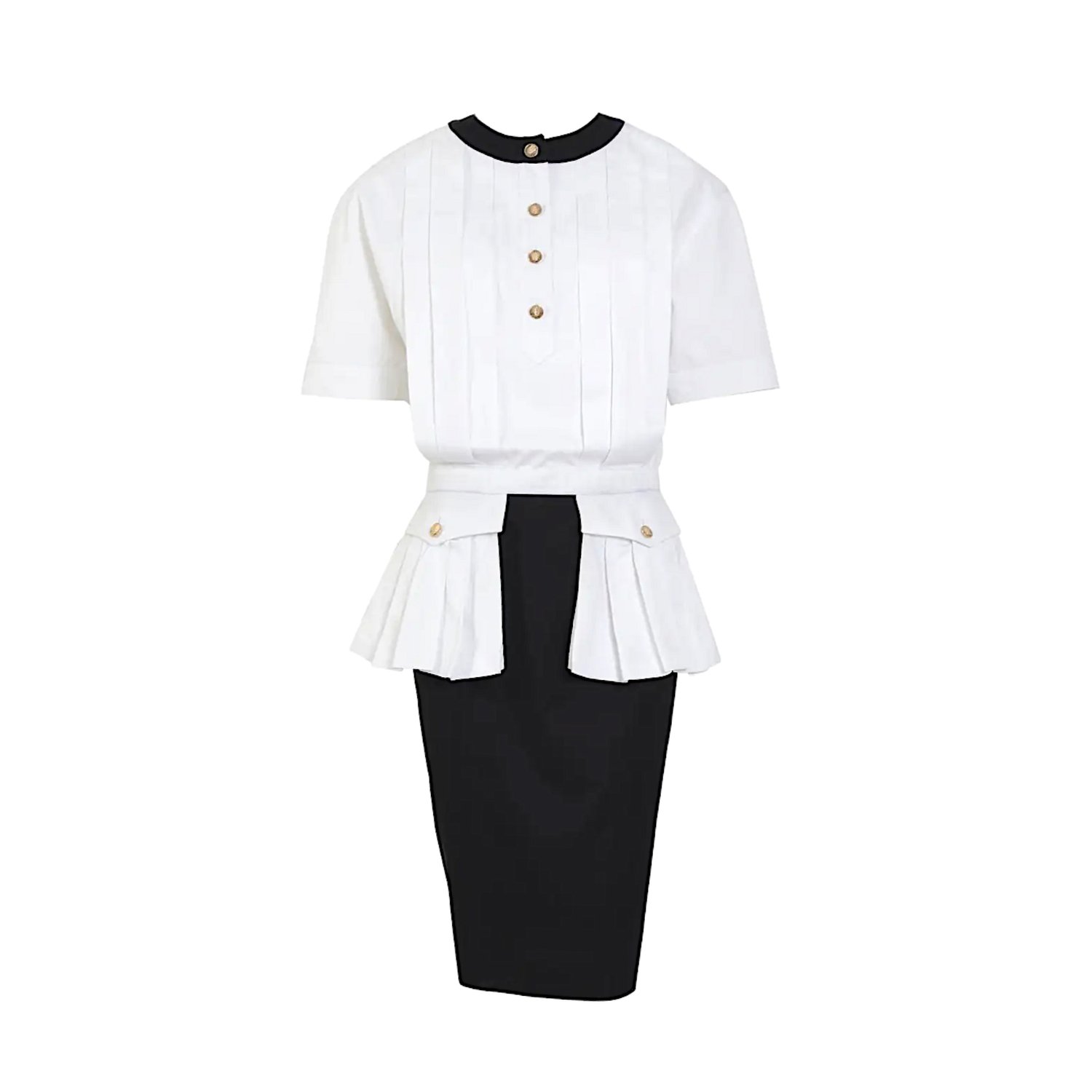 Chanel 80s vintage large shoulder pads black & white cotton signed buttons  dress — VERLAINE