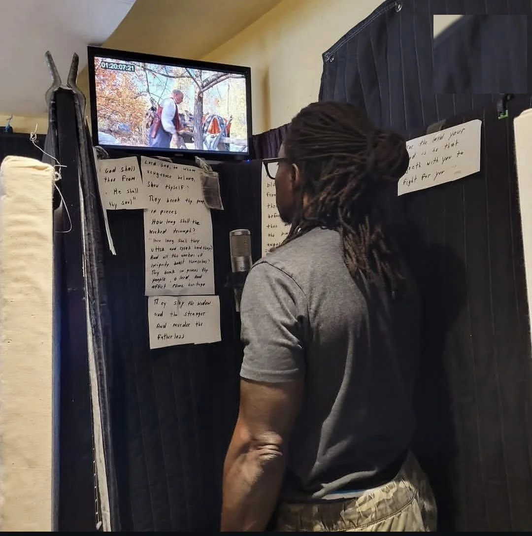 In the recording booth, setting the pages