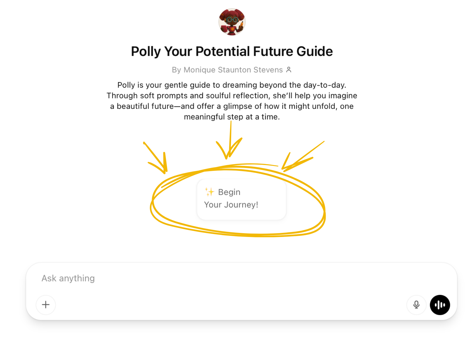 ChatGPT screen showing the Begin Your Journey! button, highlighted with a yellow arrow