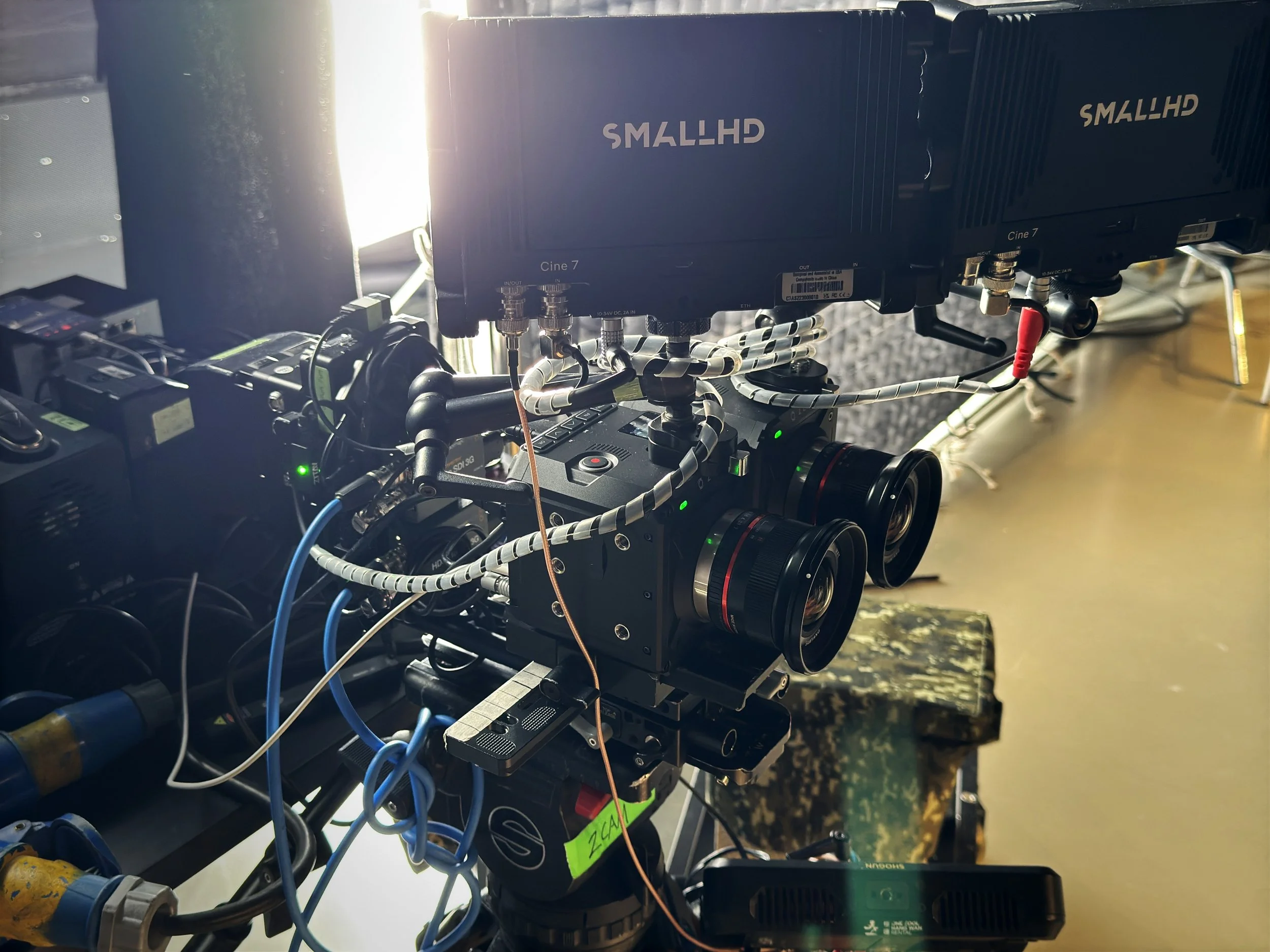 The stereoscopic ZCAM 4K camera rig showing two cameras side by side with SmallHD Cine 7 monitors