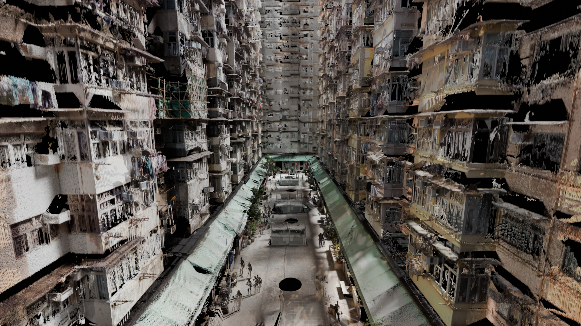 Blender render — photogrammetric dancer figure dissolving into a point cloud against a black background