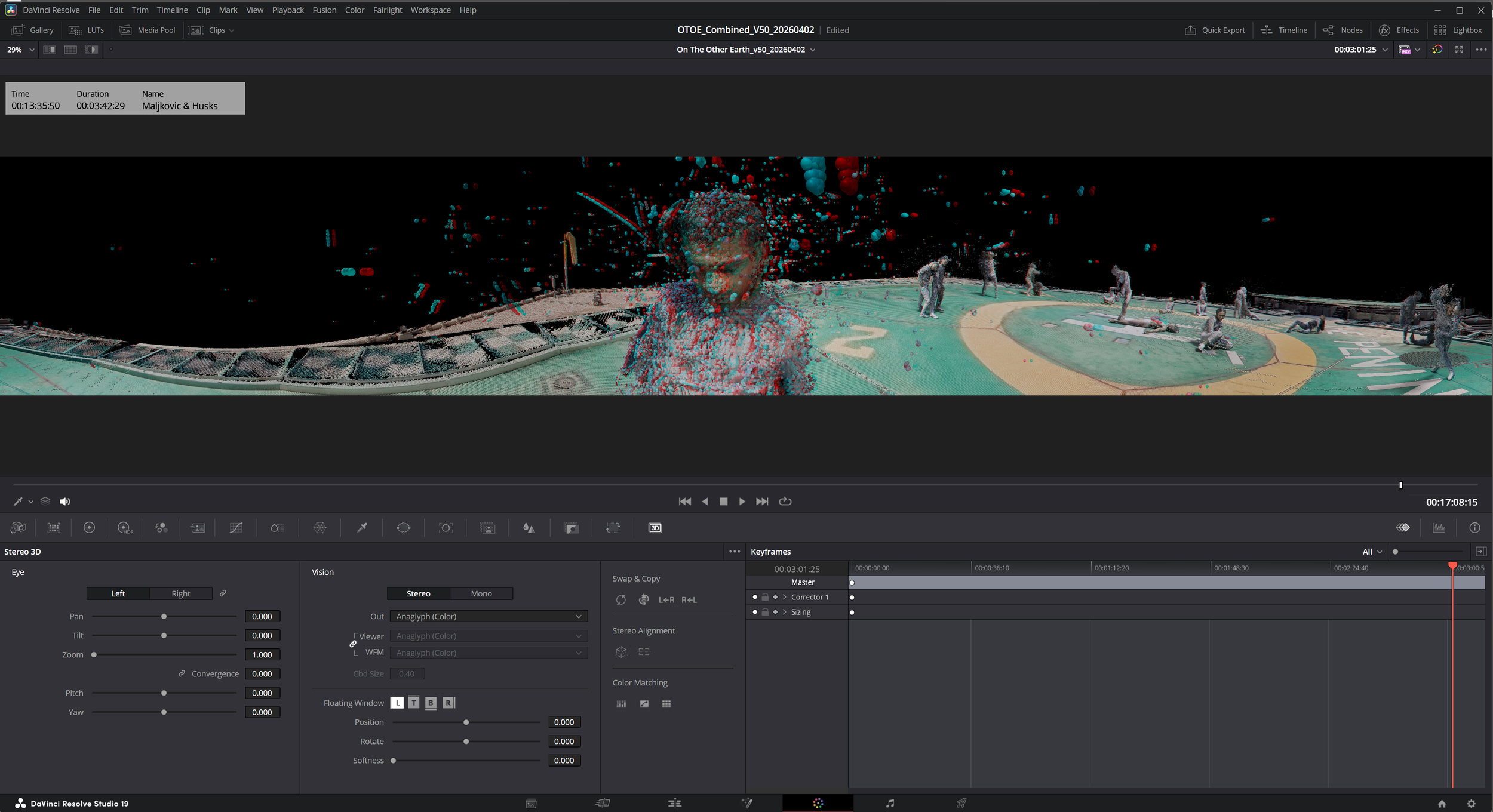 DaVinci Resolve Studio 19 showing the stereoscopic 3D panel with anaglyph preview and convergence controls for On The Other Earth