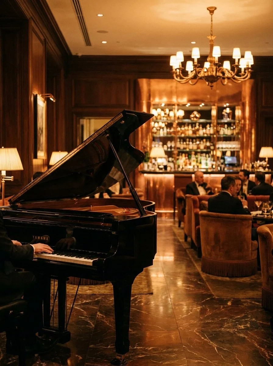 Pianist performing in an elegant hotel lobby bar with warm golden lighting