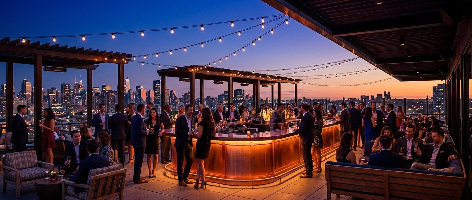 Rooftop wine bar at dusk with warm cafe lights and city skyline