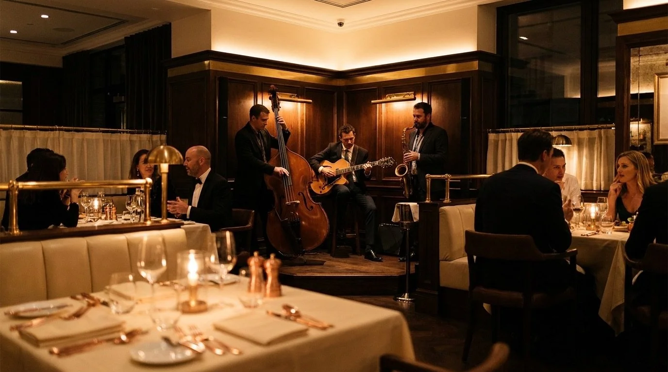Jazz trio performing in an upscale restaurant during evening service