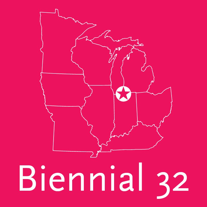 Logo for Biennial 32.  A white line drawing of a map of eligible states and the text Biennial 32 underneath.