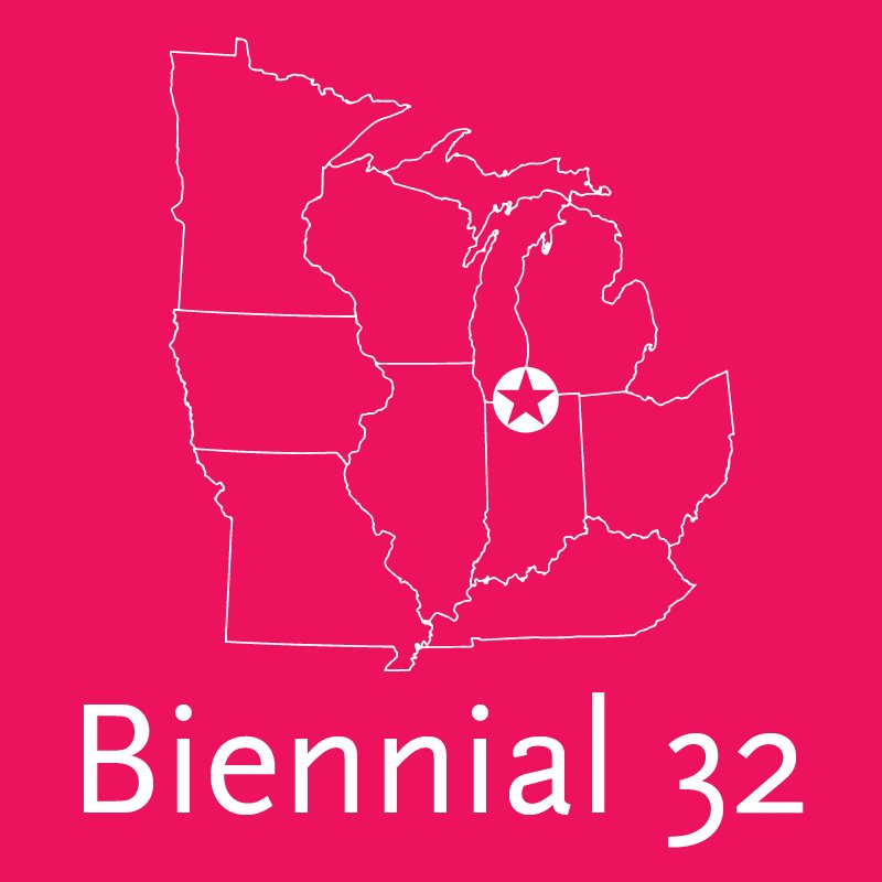 Logo for Biennial 32. A white line drawing of a map of eligible states and the text Biennial 32 underneath.