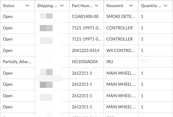 The Skylink customer portal list of open repair orders, with status, part number, and keyword