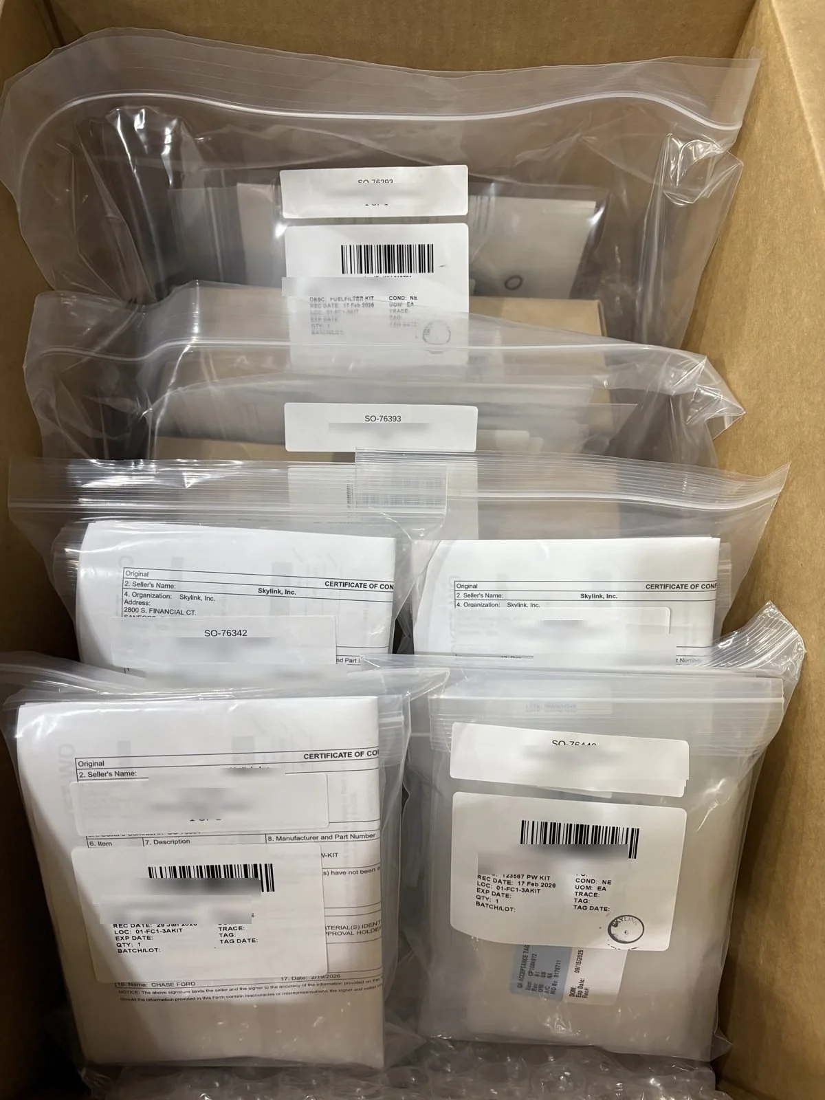 Skylink line maintenance kits, bagged, labeled, and traceable
