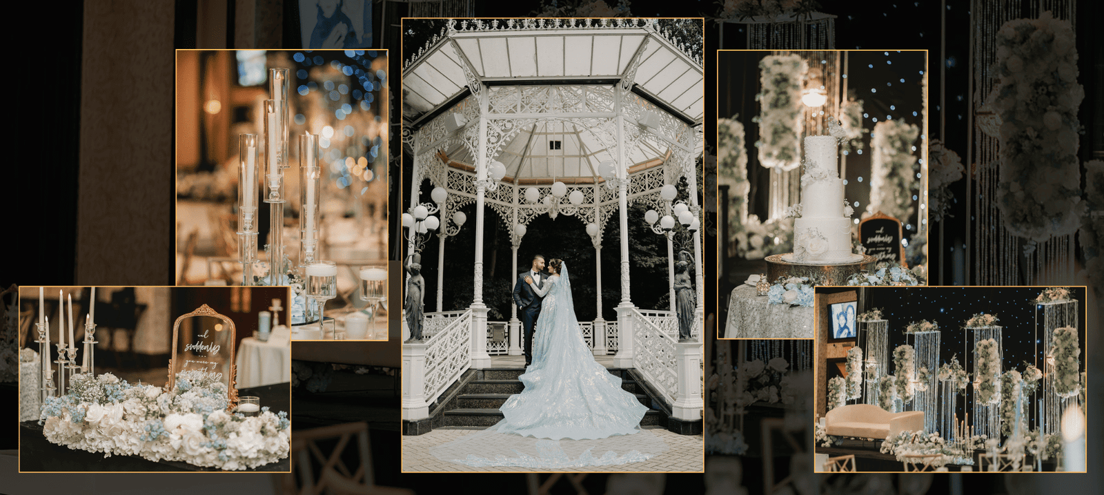 Wedding ceremony and reception collage with floral arrangements by Aisha’s Wedding Decor