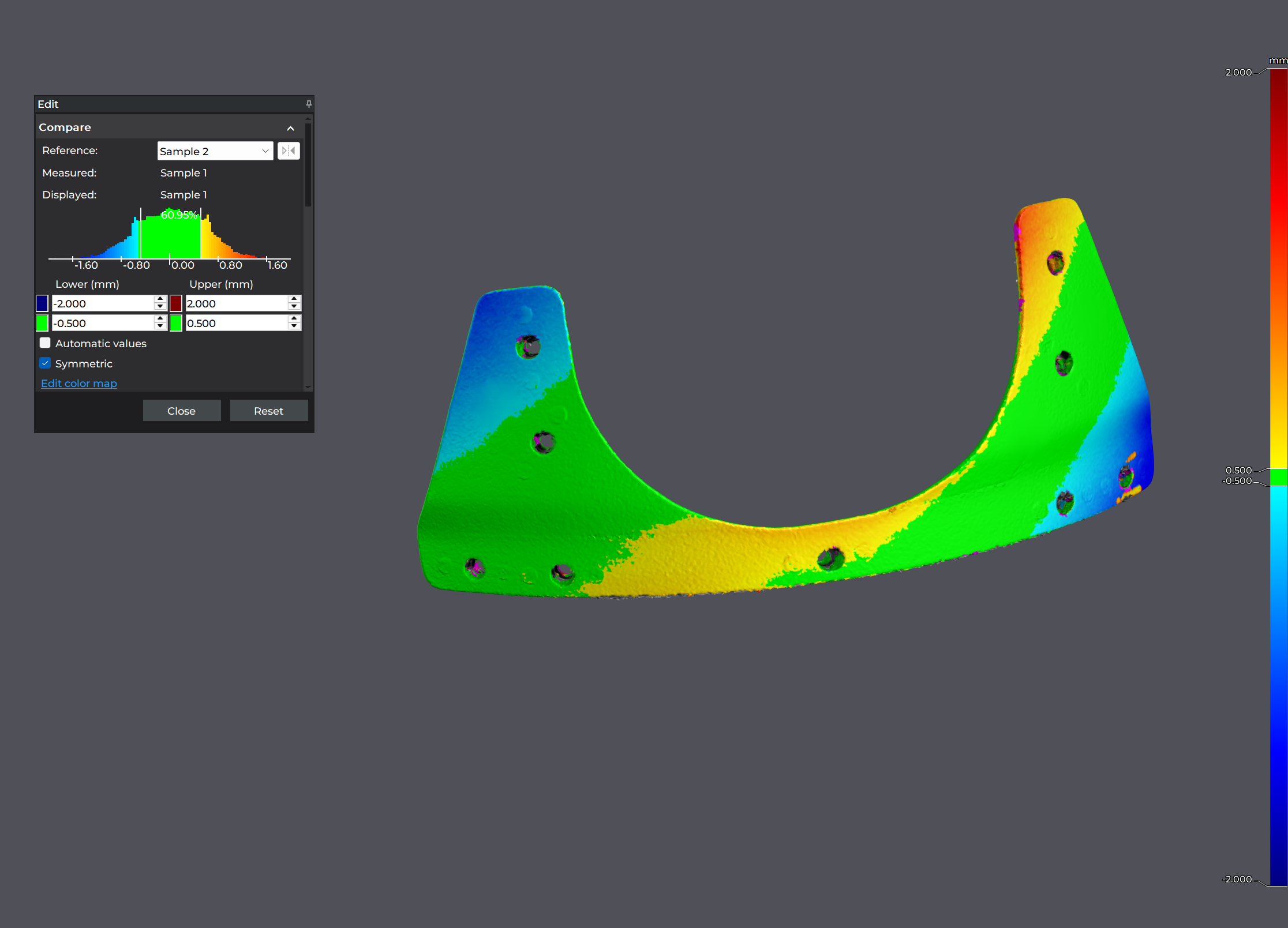 Surface deviation analysis comparing the bracket to its nominal model