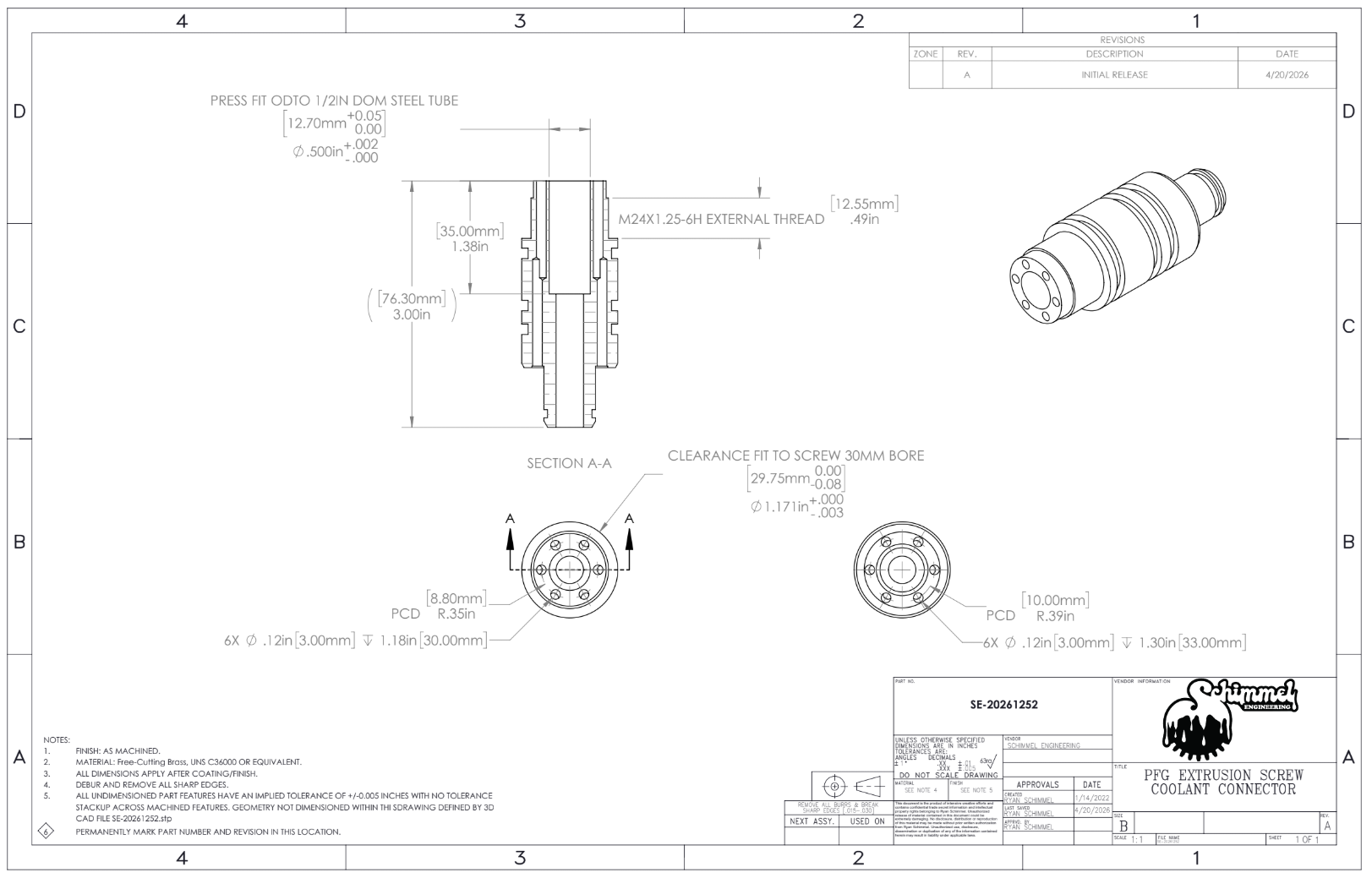 Brass end fitting detail — O-ring grooves and sealing features for heated oil supply to screw during operation