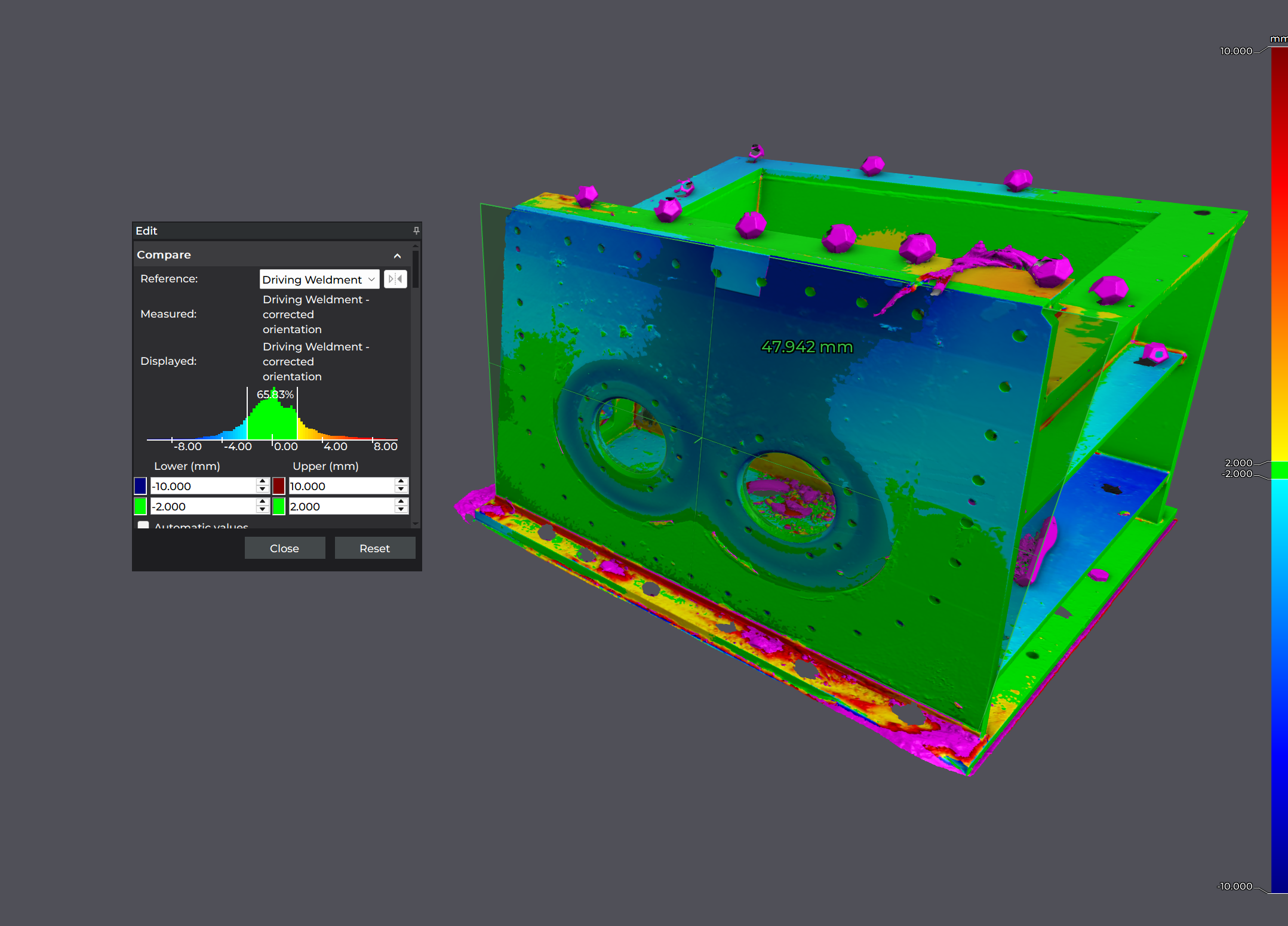 Surface deviation map comparing nominal weldment CAD design against the as-installed weldment scanned in a facility