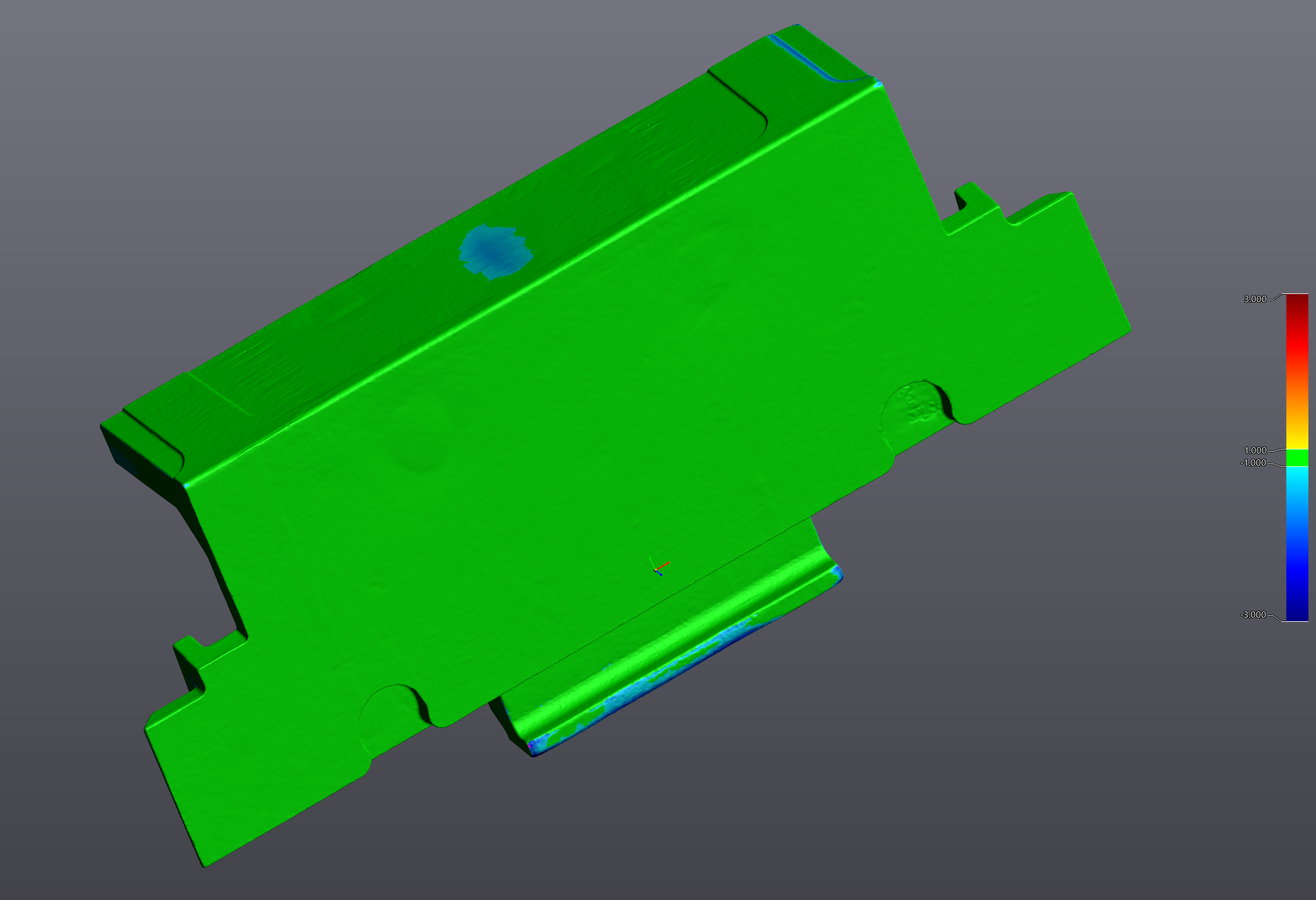 Surface deviation map — Distribution plate 2 — distribution table with hole array — casting within ±1mm of nominal